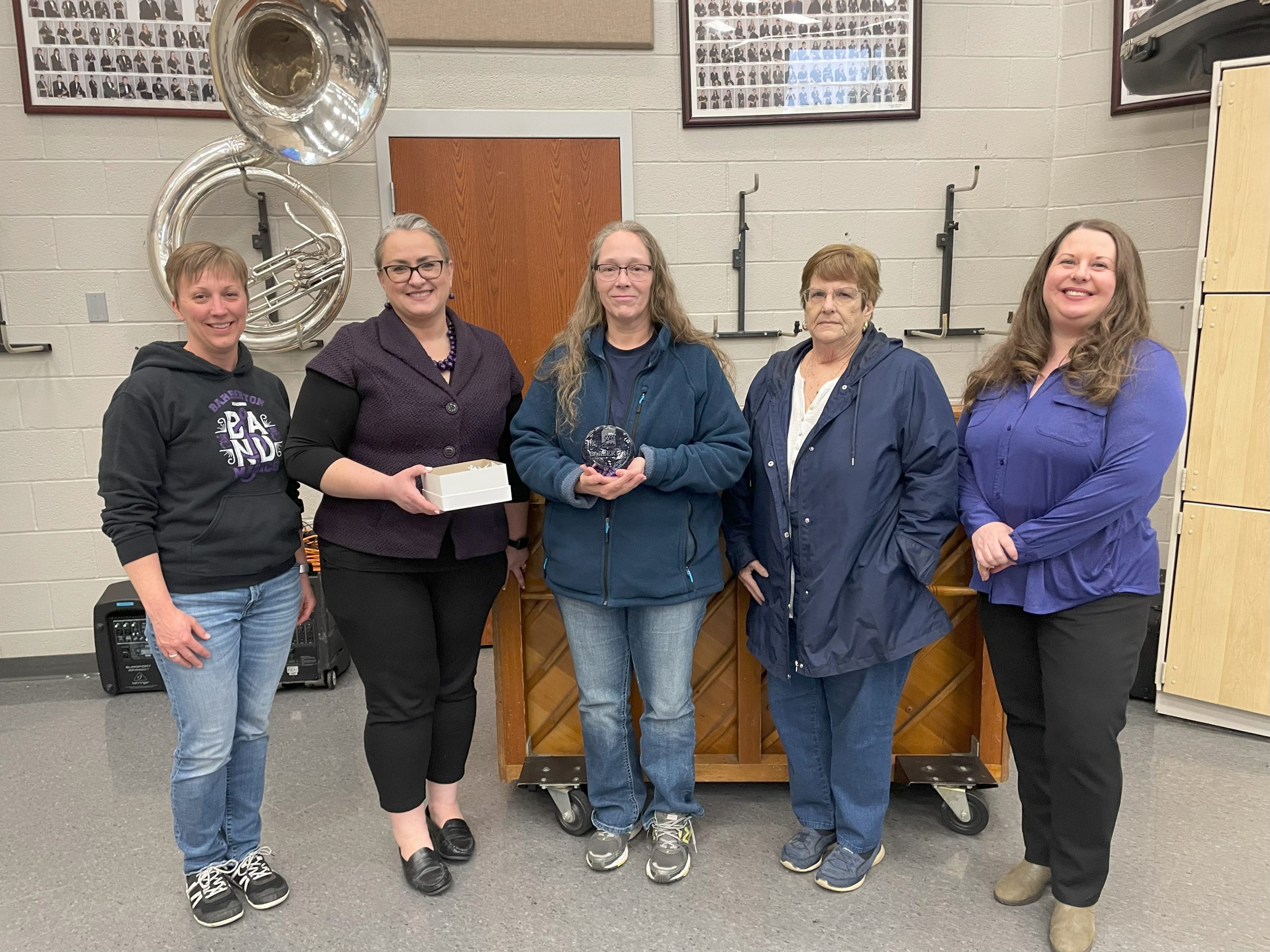 L-R Megan Slater, Tiffany Peters, Sheri Blair, Chris Brown, Alicia Bernhardt Barberton Band Boosters executive leaders and Barberton Community Foundation announce the new fund to boosters members.